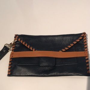 Navy and Tan Leather Wristlet/Clutch